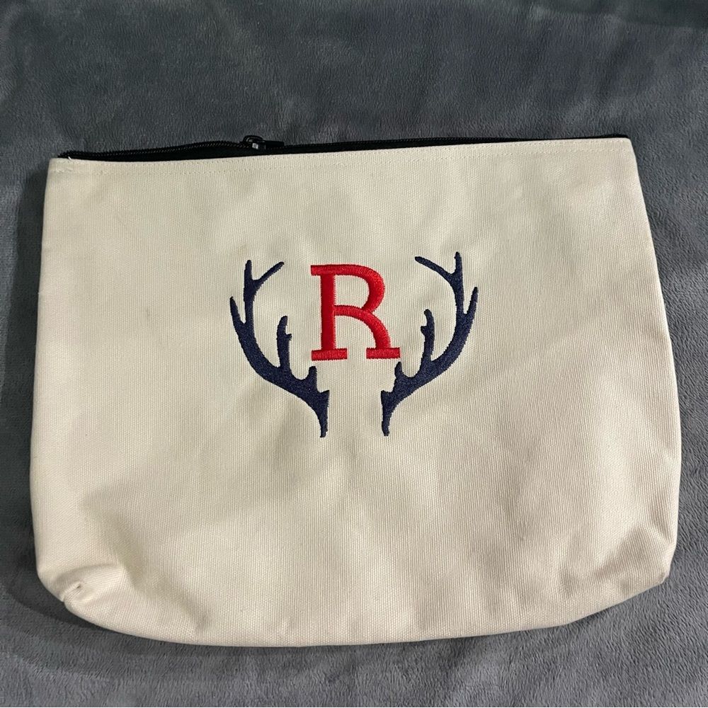 Thirty One Canvas Zipper Pouch w/ Red “R” and Navy Antlers